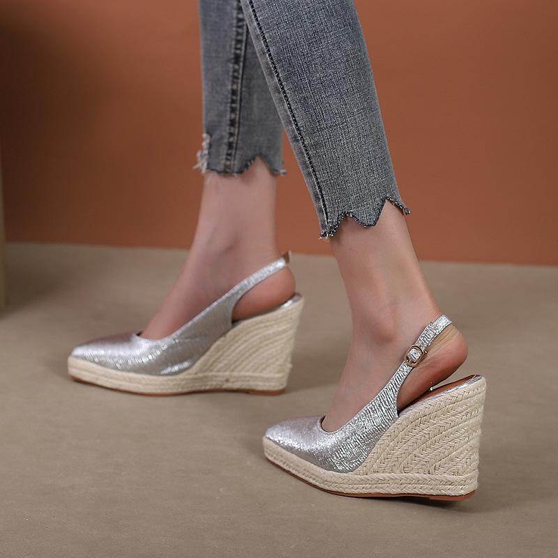 Модные туфли на танкетке с заостренным носком и небольшим носком для женщин Baotou Retro Straw High Heels Casual Zapatos Mujer Work Shoes