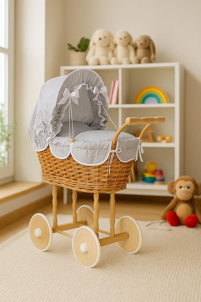Natalia Natural Wicker Doll Pram Tall with Gray Bedding and Lining