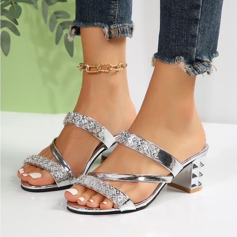 Летние новые женские сандалии и тапочки 2024 года с сексуальной обувью для вечеринок, женские слипоны с открытым носком, стразами, на высоком каблуке, Sandalias Mujer