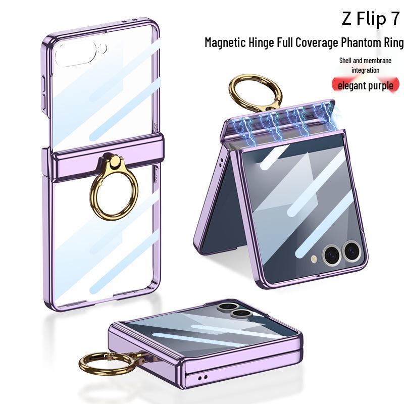 Samsung Z Flip7 Transparent Phone Case with Integrated Ring Buckle and Full-Cover Hinged Hard Shell