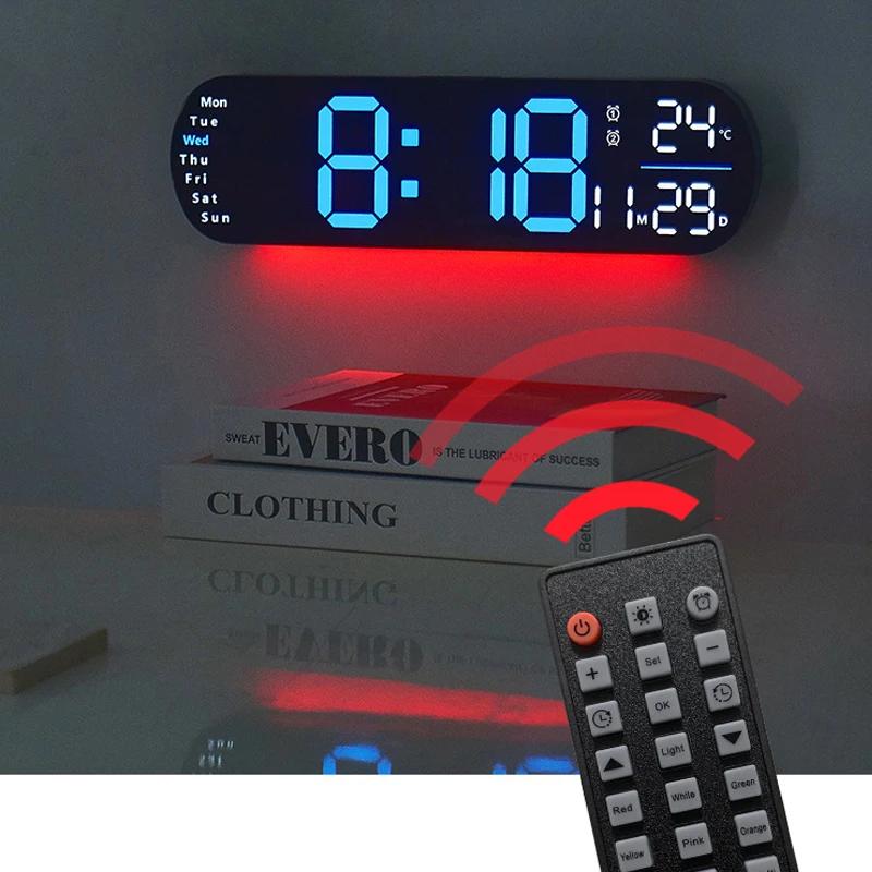 Digital Wall Clock Large LED Screen Temperature Humidity Display Electronic Alarm Clock Creative Home Decoration Remote Control