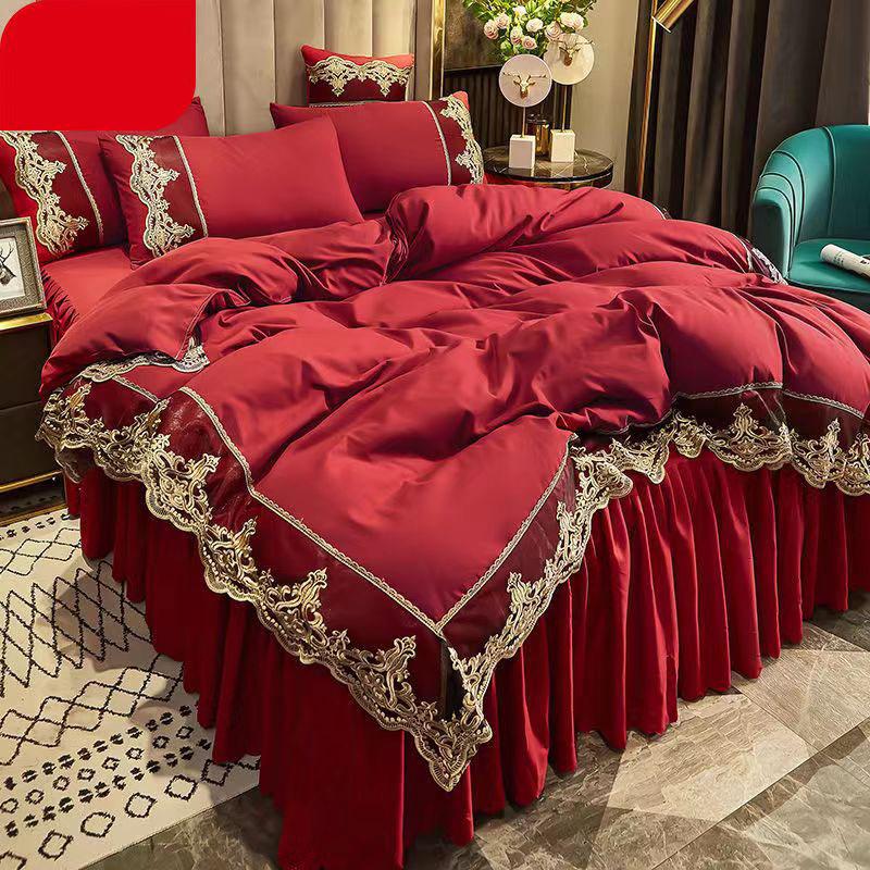 Размер King Size/Queen Size/Twin Size Кружевная простыня Пододеяльник Наволочка Комплект из четырех предметов Утолщение Спальня Простое постельное белье Высокое качество
