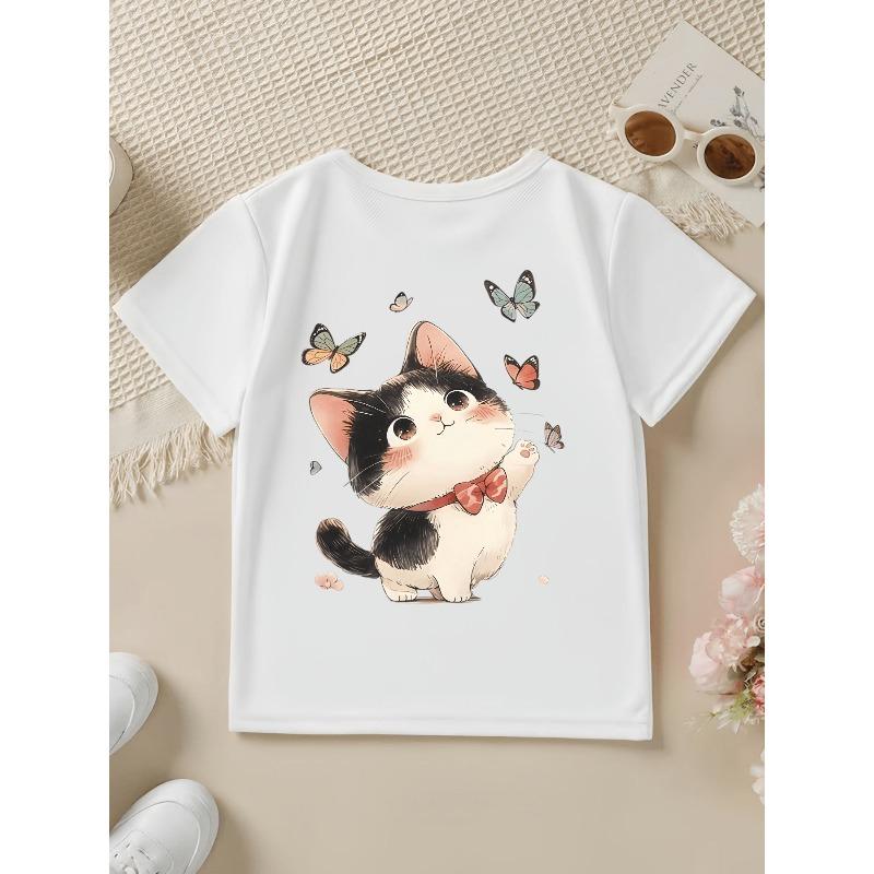 European sizes Kids' Short-Sleeved Spring, Summer And Autumn Cute Cartoon Cat Bow Tie Polka Dot Print Children'S Fashion Casual Versatile Top