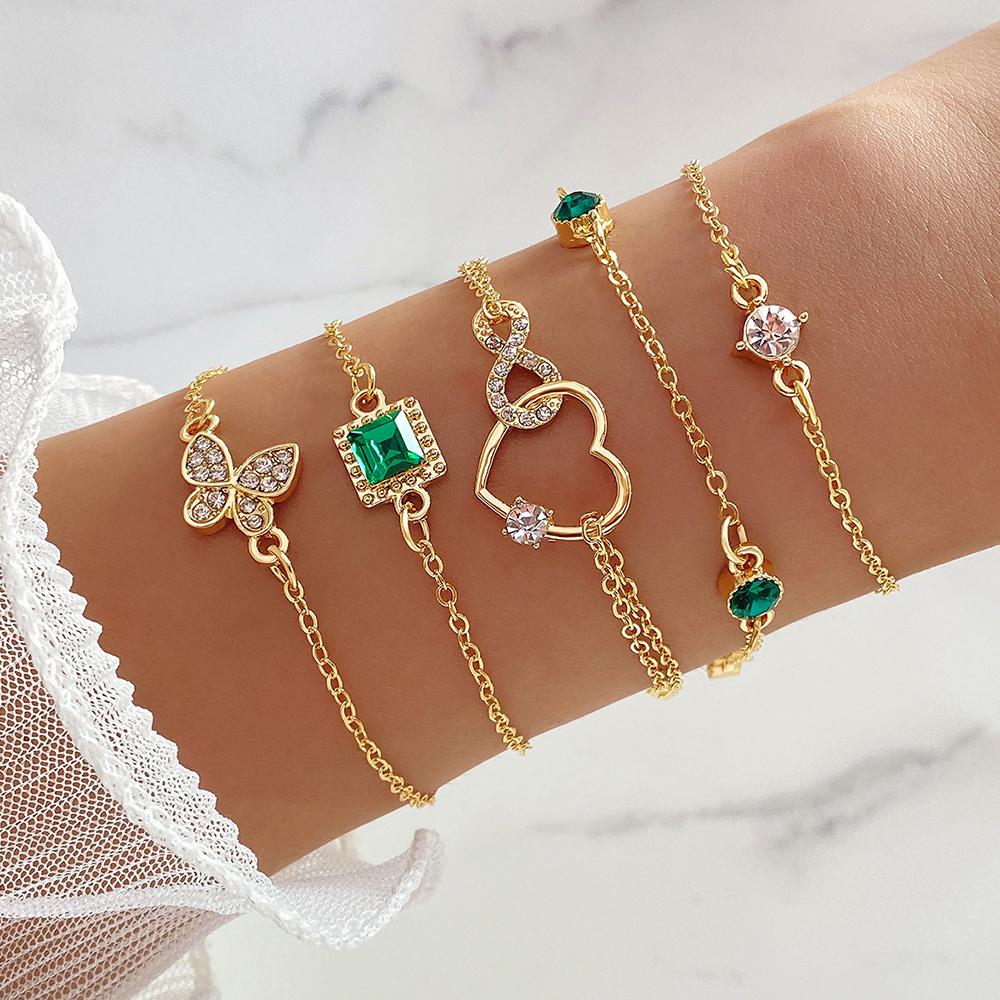 5Pcs/Set Green Shiny Charm Bracelet for Women Crystal Zircon Jewelry Adjustable Luxury Trendy Bracelet Daily Decoration