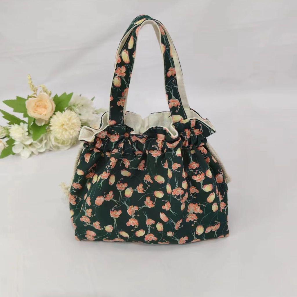 Floral Canvas Drawstring Tote Bag - Compact Lunch & Handbag for Women
