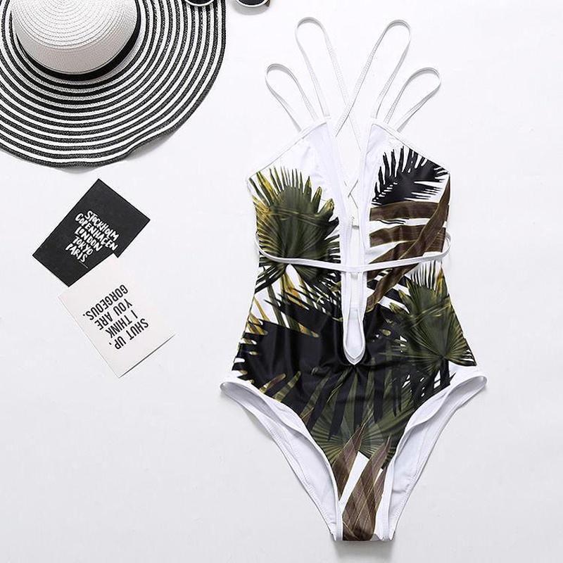 Women Elegant Floral Print Deep V Neck Backless Bandage Bathing One Piece Swimsuit