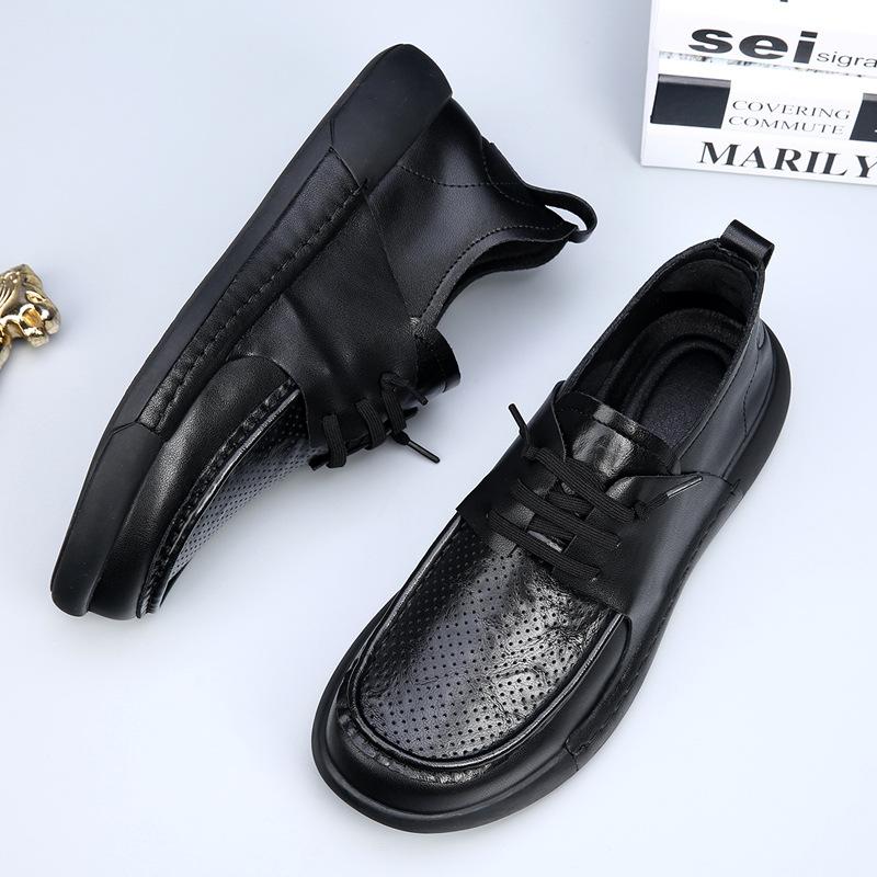 Leather Breathable Men's Shoes Velvet 2025 Autumn and Winter New Soft Surface Thick Sole Trend Versatile Hollow Casual Leather Shoes Men