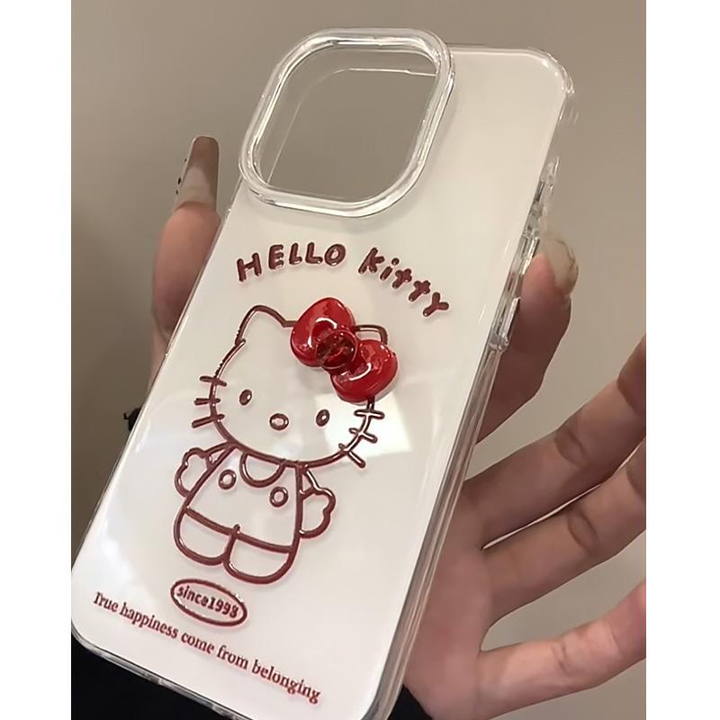 Bow Burgundy Red Line Kitty Подходит для Apple 16promax Чехол для мобильного телефона Iphone15plus Cute 14