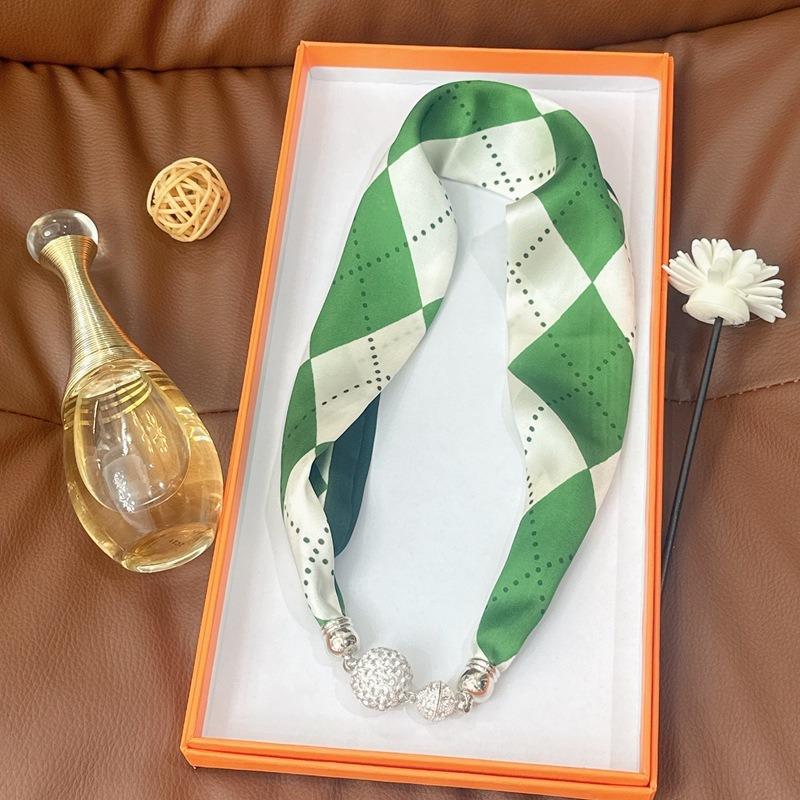 Silk Scarf Women's Spring, Autumn and Summer New Fashion Neck Protection Decoration Long Necklace Type Magnetic Buckle Scarf Small Scarf