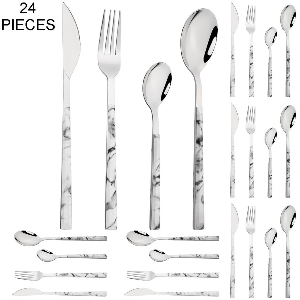 24Pcs Imitation Wooden Handle Cutlery Set Knife Dessert Fork Coffee Spoon Dinnerware Set Gold Kitchen Tableware Stainless Steel Flatware