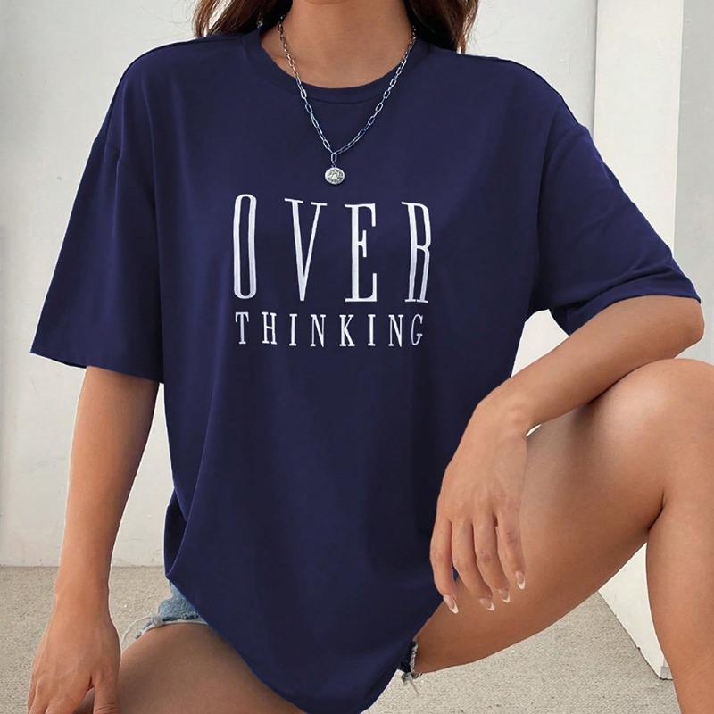 Over Thinking Letter Print Женские хлопковые топы с коротким рукавом, дышащие, винтажные, с круглым вырезом, все математические повседневные футболки, женская футболка, одежда