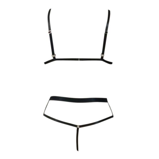 2 Pcs/Set Bra Panties Set Hollow Out Faux Leather Solid Color Wireless Unpadded Elastic Multi Straps Soft Lady Bra Panties Set Wedding Night