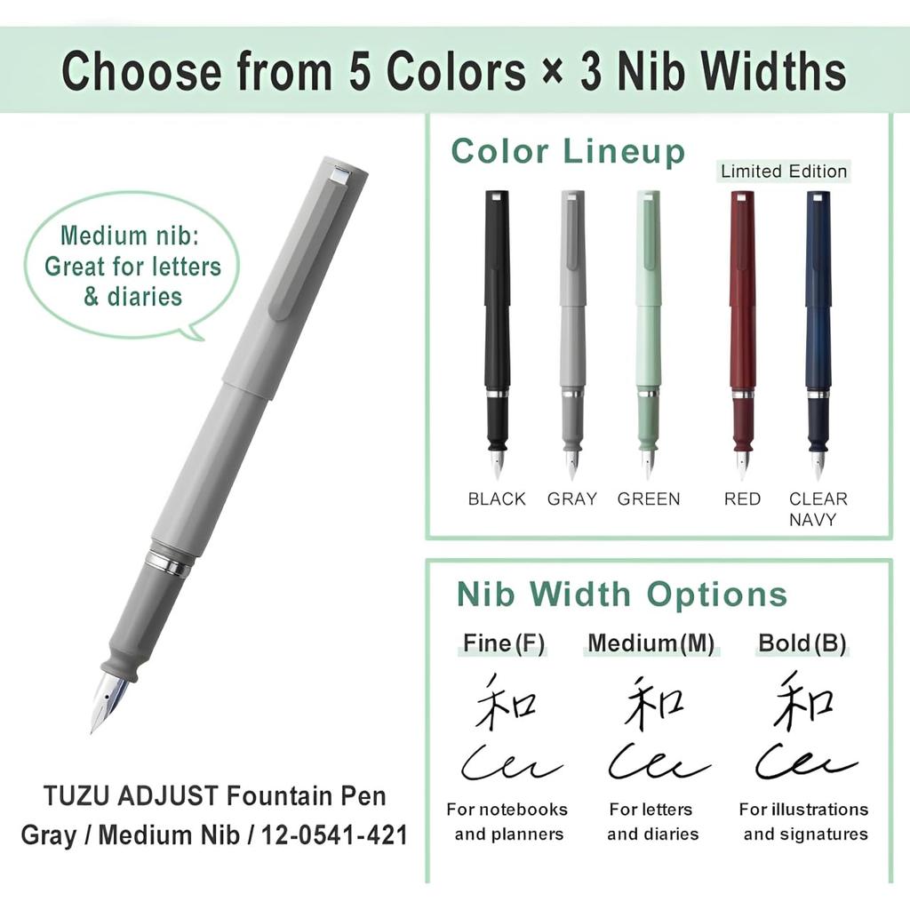 Sailor TUZU Регулируемая перьевая ручка среднего размера с вращающимся пером, естественная посадка, в комплект входят 2 картриджа с чернилами, идеально подходит для начинающих и опытных пользователей. Серая ручка,