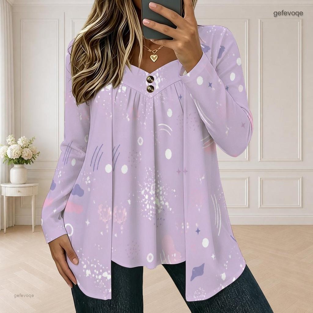 Women Plus Size Dark Purple Halloween Printed Square Neck Long Sleeve Faux Two Piece T Shirt
