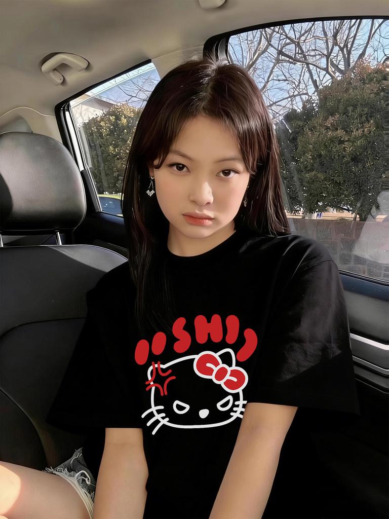 Женская летняя футболка Hello Kitty, белая, хлопковая, с коротким рукавом, новая, свободная, большого размера, для полных, с полурукавом, плотный топ