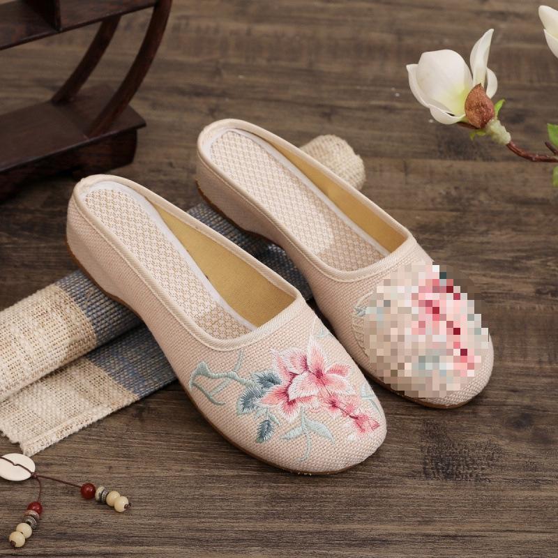 Тканевый носок универсальная вышитая сумка голова льняные тапочки низкий каблук этнический стиль туфли для мамы повседневные домашние домашние женские туфли