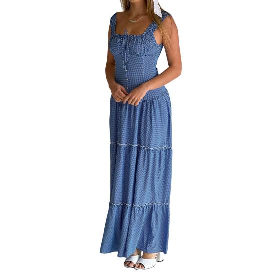 Женское платье макси без рукавов в клетку в клетку с круглым вырезом, длинное платье со сборками, сарафан А-силуэта с рюшами и бретелями, струящийся