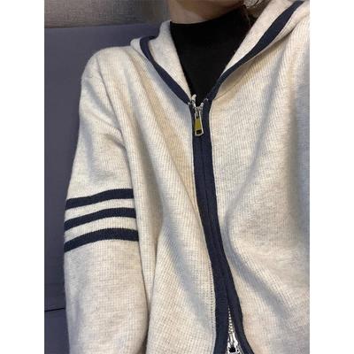 Осенний женский свитер на молнии с капюшоном, цветной вязаный кардиган, дизайнерский нишевый винтажный внешний свитер, куртка, топ