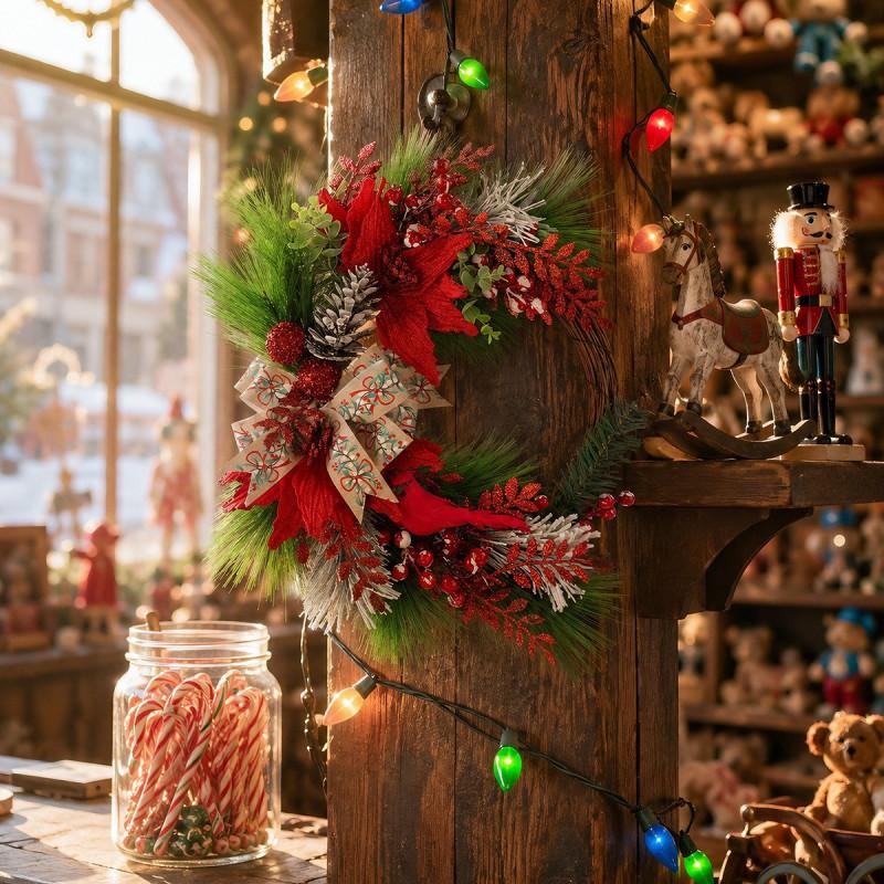 Christmas Artificial Pine Garland With Red Berries Cardinal Bird Wall Hanging Decor Holiday Home Interior