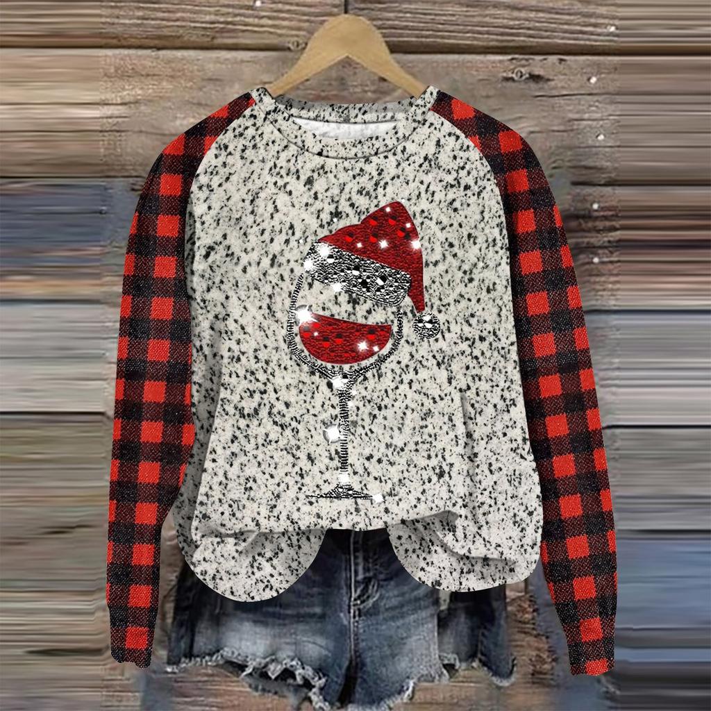 Women's Fashion Round Neck Pullover Plunging Sleeve Tee Christmas Printed Top