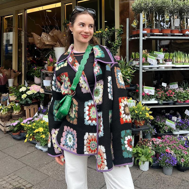 Jacquard Short Jacket Embroidery Thickened Warm Women Patchwork Lapel Short Coat Large Size Long Sleeve Loose Casual Outwear Retro Style Autumn