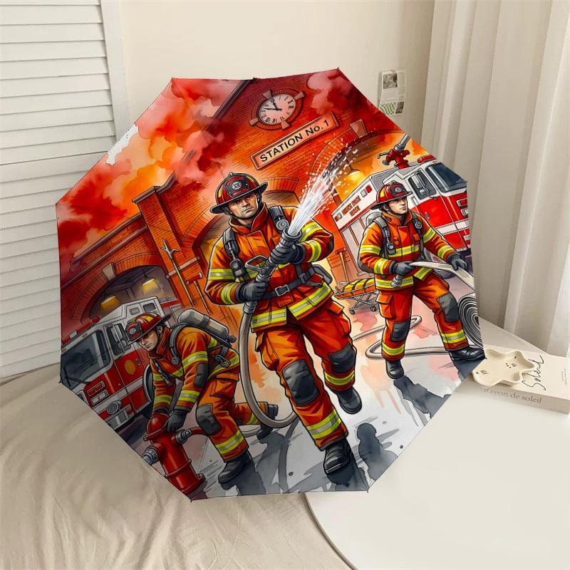 1PC Firefighter Station Umbrella-8-Rib Reinforced, Automatic Open, Lightweight & Durable, Fashion Accessory for Outdoor, H0328