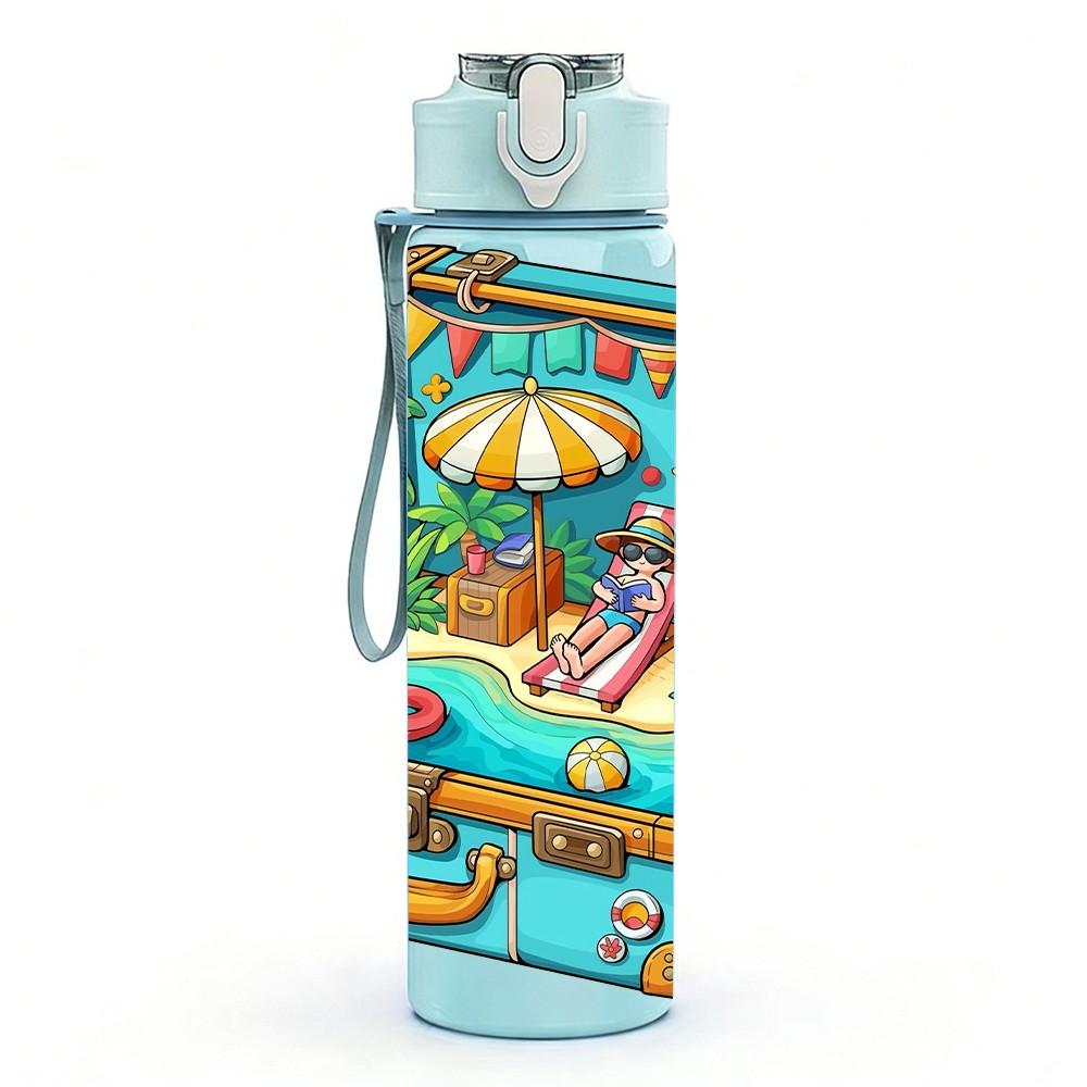 1PC Treasure Chest Nautical Pirate Print 750ml Color Plastic Sports Water Bottle Leakproof Flip Straw Lid Suitable for Sports Office Home Use