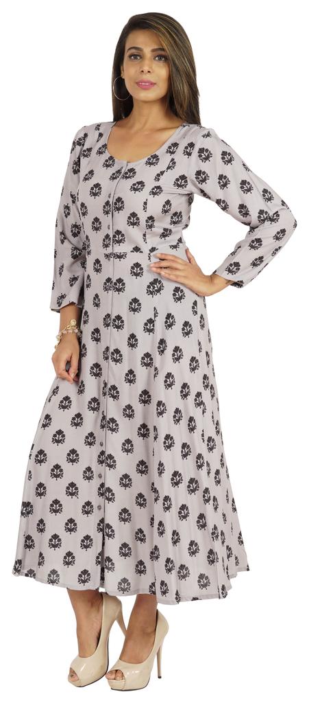 Bimba Printed Maxi Dress For Women Front Button Placket Ethnic Dress Casual Rayon