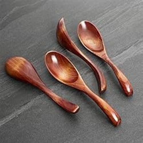 AOOSY 4-Piece 16cm Renge (Split Spoon) Wooden Spoon, Easy to Use, Lightweight, Natural Wood Lacquered Soup Spoon, Curved Handle, Ideal for Garlic, Mis