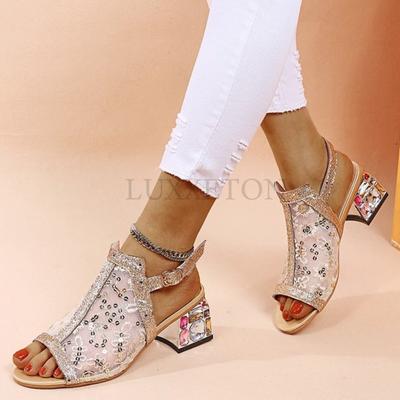 Модные женские летние блестящие босоножки со стразами босоножки женские мокасины с пряжкой на ремешке круглый носок блестящие пляжные туфли на среднем каблуке