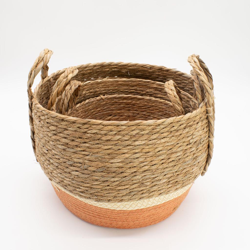 Straw & Seagrass Large Baskets – Natural & Orange- Set of 3