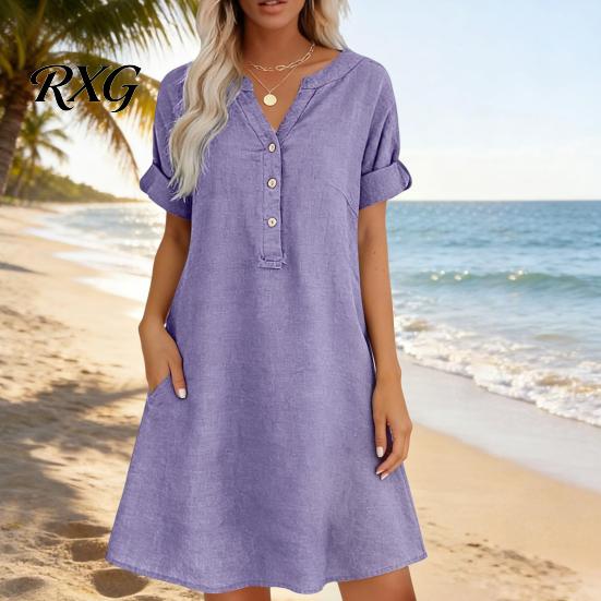 Relaxed Fit Summer Dress Short Sleeve for Women, Casual Button Up V Travel Friendly Neck A-line Dress, Flowy Beach Vacation Sundress with Pockets