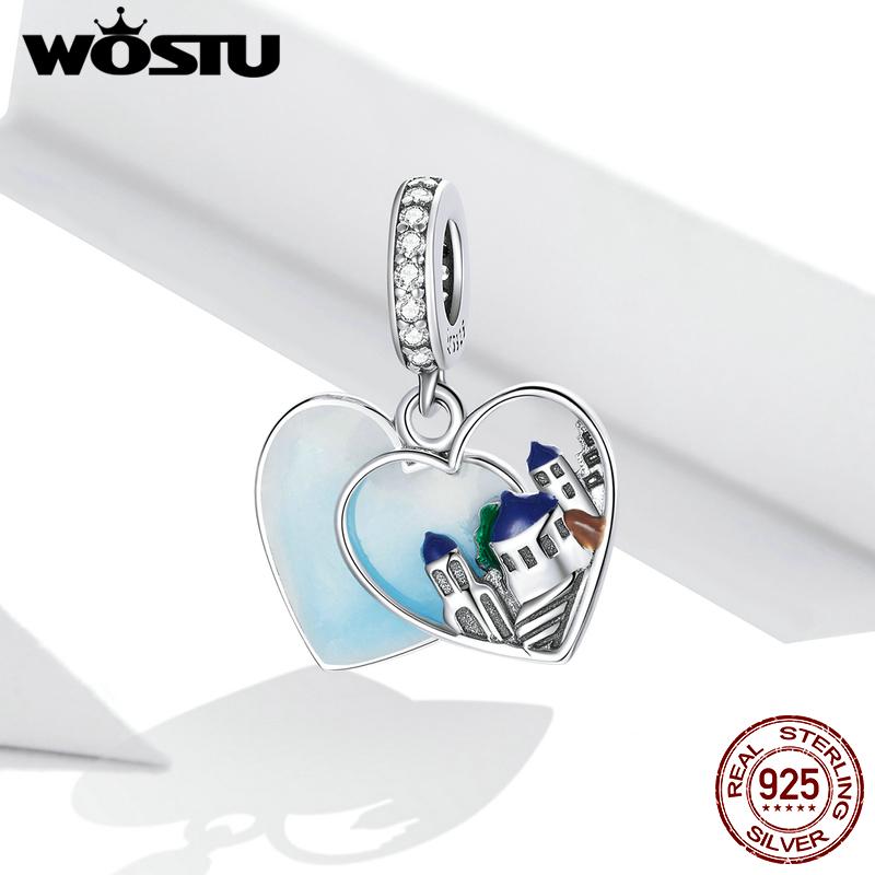 WOSTU 925 Sterling Silver Love Heart-shape Charm Pendant Santorini Castle Charming Scenery Beads for Original 3mm Bracelets & Necklaces DIY Jewelry