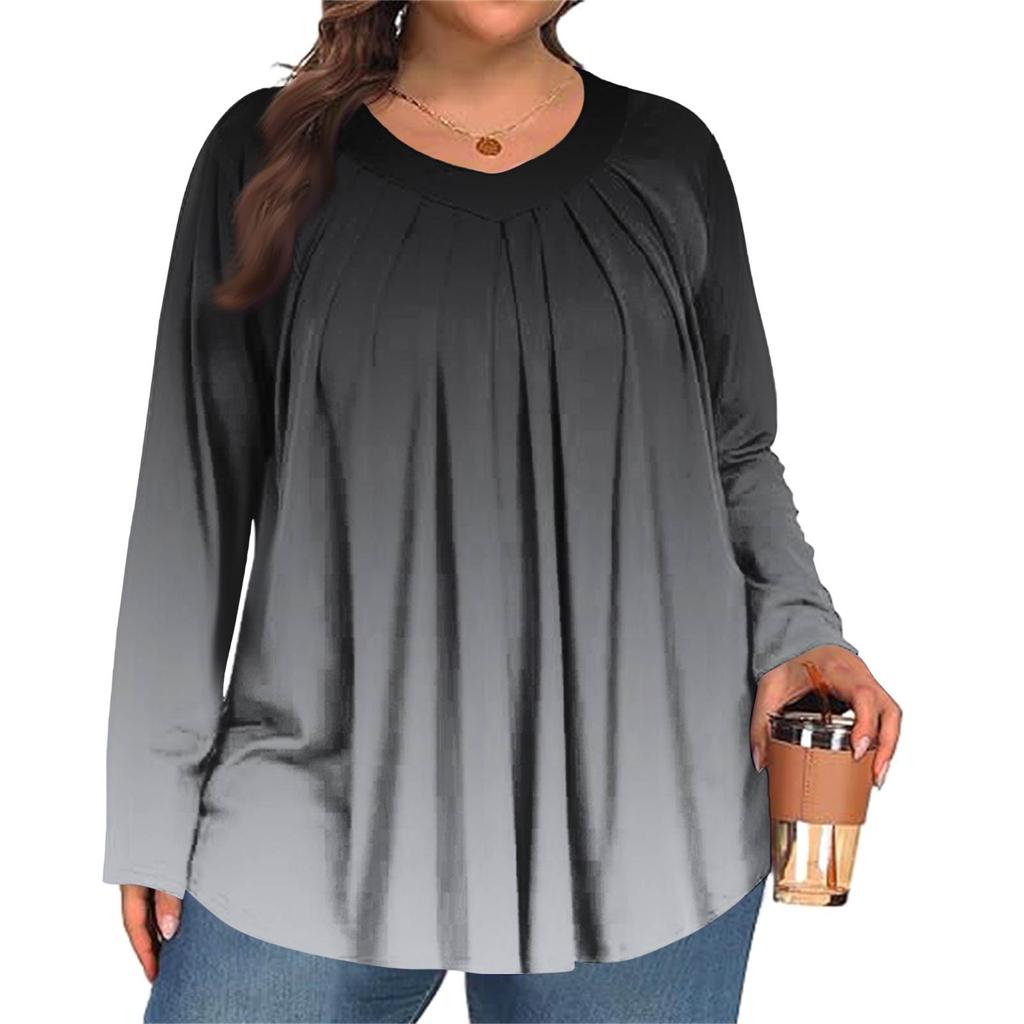 Women's Plus Size Fashion  Printed Casual Pleated Round Neck Long Sleeve Top