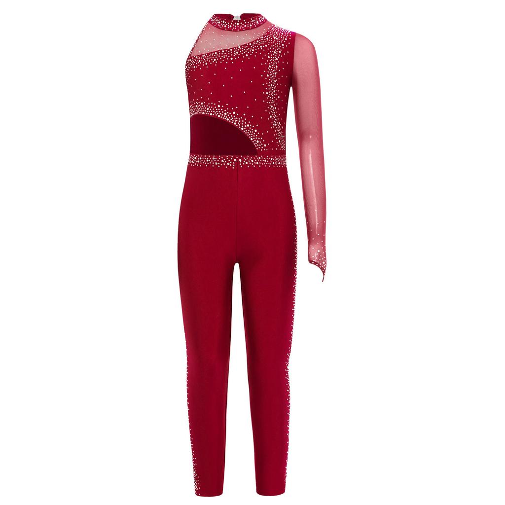 Girls Gymnastics Jumpsuit Sheer Mesh Patchwork Cutout Asymmetrical Design Mock Neck Sparkly Rhinestones Full Body Leotard
