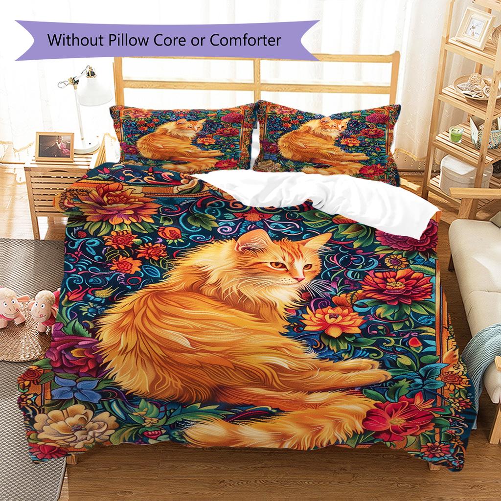 Boho Floral Cat Pattern Bedding Quilt Set Quilt Cover Pillowcase Home Decoration Birthday Gift (1 * duvet cover + 2 * pillowcase, without core)