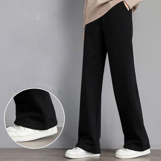 Women Autumn Winter Fleece Lining Pants Elastic High Waist Straight Wide Leg Pants Solid Color Loose Fit Long Trousers