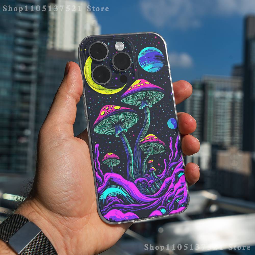 Trippy Magic Mushroom Art Phone Case For iPhone 17,16,15,14,13,12,11 Pro,Max,Plus,X,XS,XR,SE4,E Mini Transparent Soft Cover
