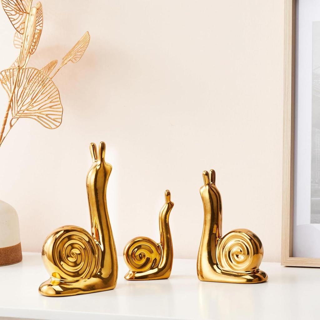 Snail Family Ceramic Finish Figures - Timeless Elegance for Home Décor | Handcrafted Detailing, Durable Ceramic Materials (Golden Set of 3 Pieces)