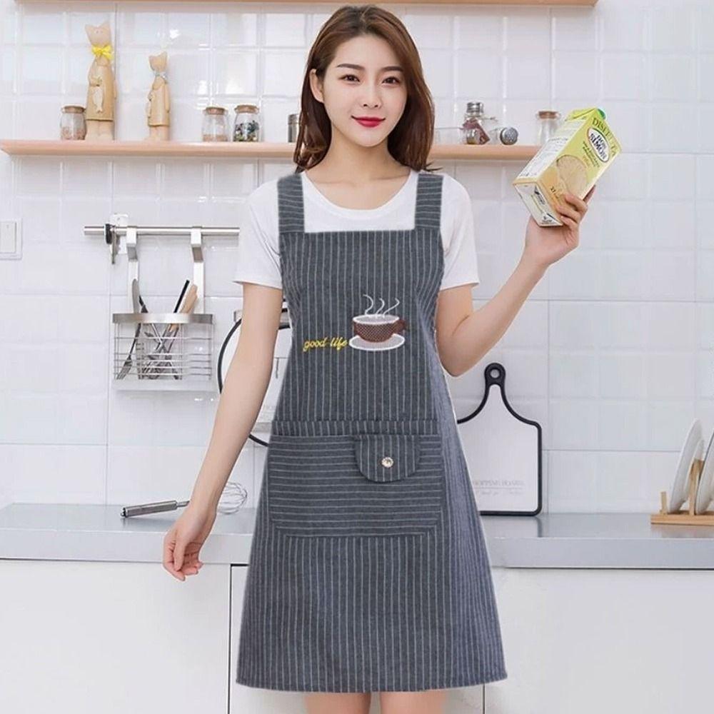 Stripe Design Cotton Apron Sleeveless Cooking Apron Two Front Pockets Women Apron Coffee House
