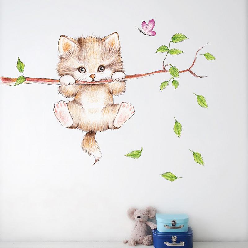 Lovely Kitten On Tree Branch Wall Stickers Home Diy Cartoon Cat Animals Mural Kids Room PVC Decals