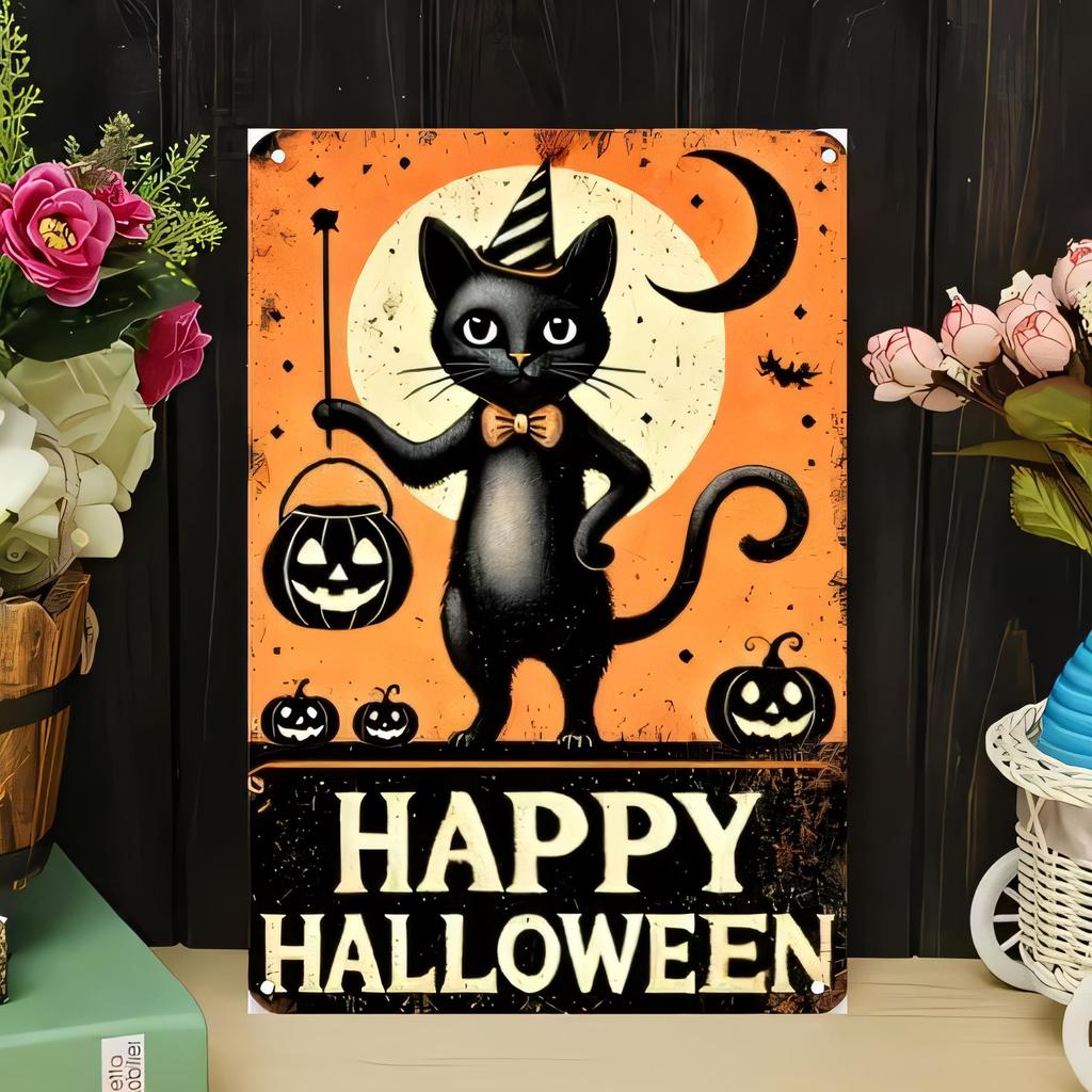 Tin Sign Happy Halloween Cat Witch Moon Pumpkin Vintage Metal Poster Wall Decor for Home Bar Pub Garage Halloween Party Gift R