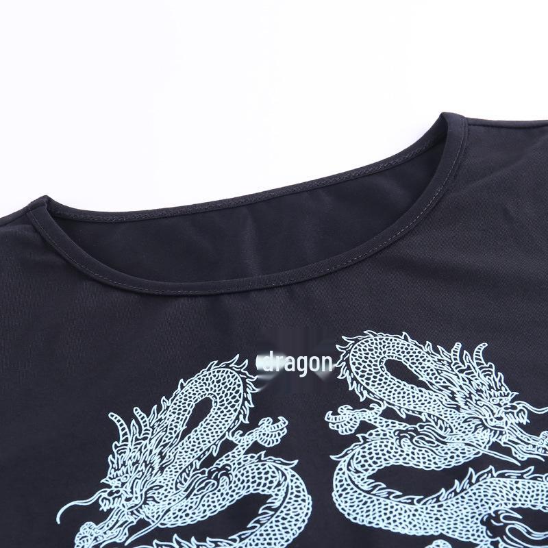 2024 Dragon Print Women's Cotton Crop Top - Short-Sleeve, Versatile Chinese Style Fashion.