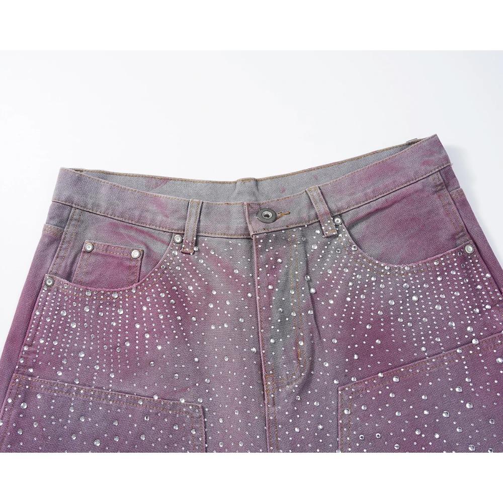 RogueWave Streetwear Мешковатые джинсовые шорты для мужчин с принтом из страз, рваные, выстиранные, короткие, повседневные, свободные, из денима, пятиточечные