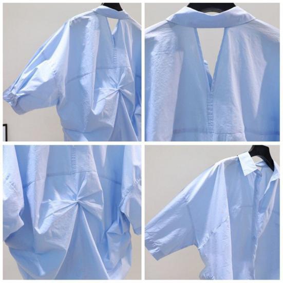 Women Summer Lapel Short Sleeve Single Breasted Shirt Loose Fit Back Hollow Knot Design Thin Shirt