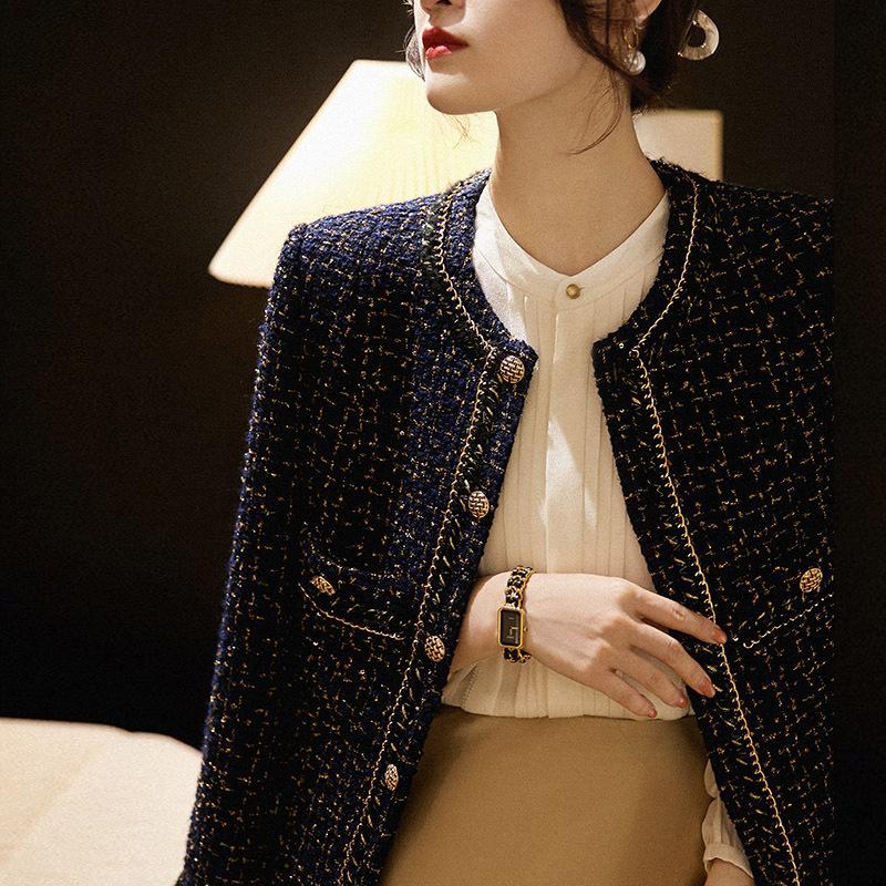Женский осенне-зимний короткий женский твидовый пиджак в стиле ретро, ​​универсальные темно-синие пиджаки с круглым вырезом