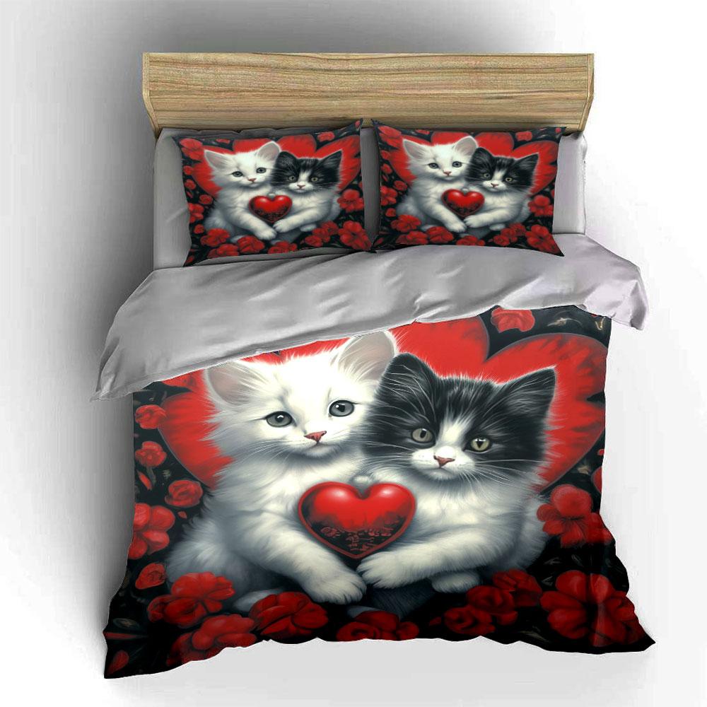 Romantic Red Heart Kitten Bedding Set,Black White Fluffy Cat Floral Valentine Print 1 Duvet Cover 2 Pillowcase For Couple Room