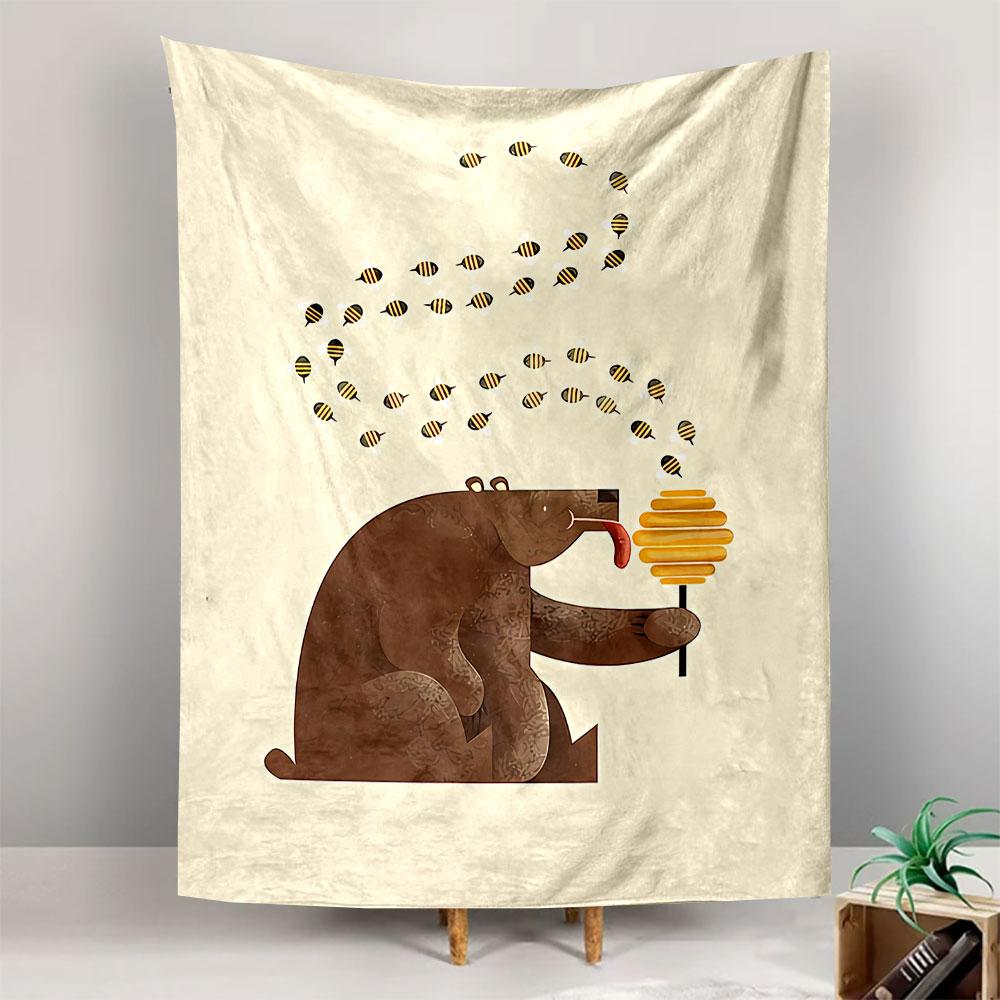 Bear Eating Honey Cartoon Tapestry Wall Hanging, Cute Bees Illustration Art, Funny Wall Decor for Bedroom Living Room Kids Room