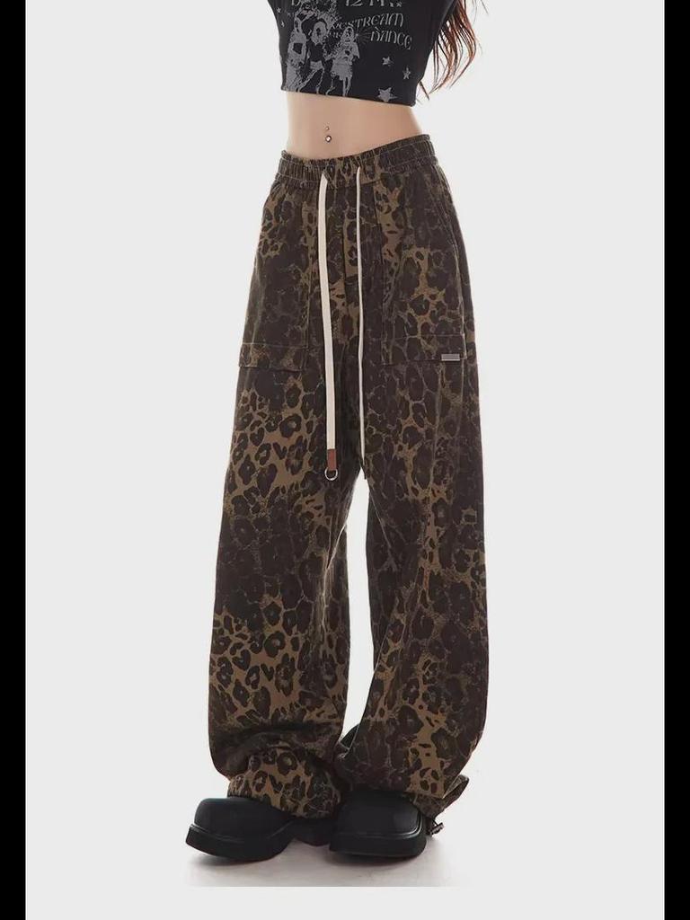Женский комбинезон в стиле ретро с леопардовым принтом 2024 года в стиле хип-хоп — модные свободные повседневные брюки для уличных танцев