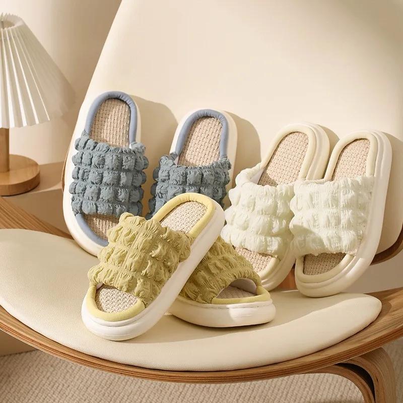 Fashion Cute Linen Slippers Women's Four Seasons Indoor Home Thick Bottom Non-slip Sweat-absorbing Cotton and Linen Slippers Men